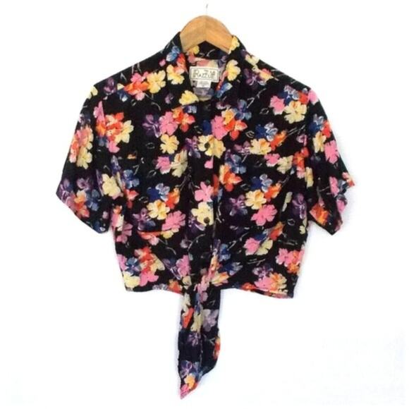 Vintage 7M Razzle Black Floral Cropped Tie Front Shirt 80's 90's Sz Small - Picture 1 of 7